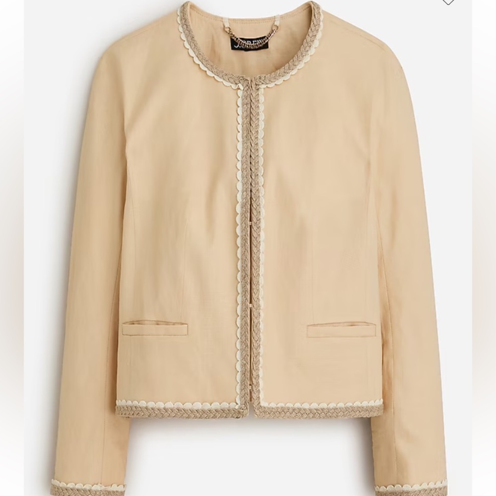 NWT J. Crew beige linen Lady jacket with ivory taupe raffia Rick rack trim Sz 20
